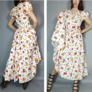Vintage Puff Sleeve Novelty Print Maxi Dress xxs xs